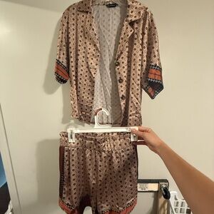 Silk fun pattern set with button down shirt and high waisted shorts
